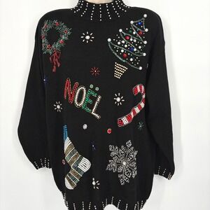 Vintage Victoria Jones Petites Beaded Christmas Sweater Mock Neck Sz Petite L